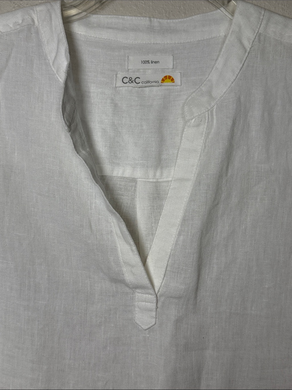 C&C California Linen Tunic Dress L White Split Neck Roll Tab Sleeve Pockets Read - Picture 6 of 14